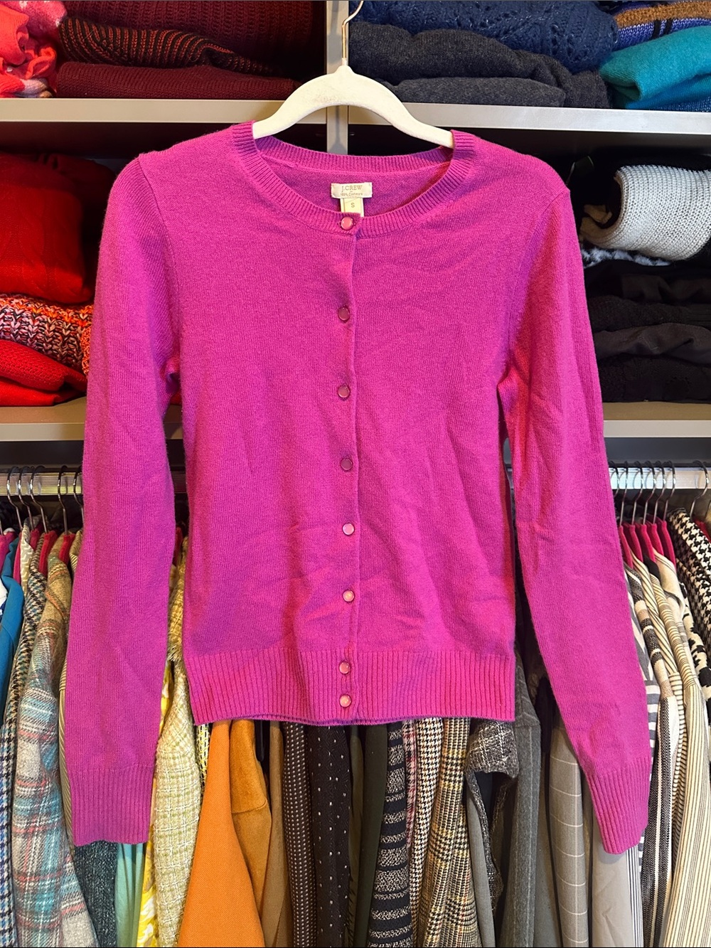 J Crew 100% cashmere fuchsia long sleeve crew neck cardigan size S
